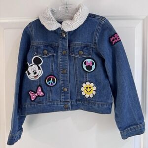 Disney Minnie Mouse Denim Jacket Girls 4T Sherpa Lined Jean Jacket Patches